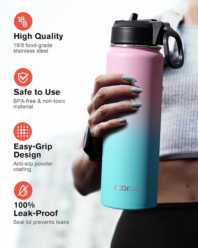 Coolflask Water Bottle 20 oz Insulated with Straw, Stainless Steel Metal 3 Lids Water Flask Wide Mouth for Sports or Office, Non-BPA Keep Cold Up to 48 Hrs or Hot Up to 24 Hrs, Bubblegum Princess