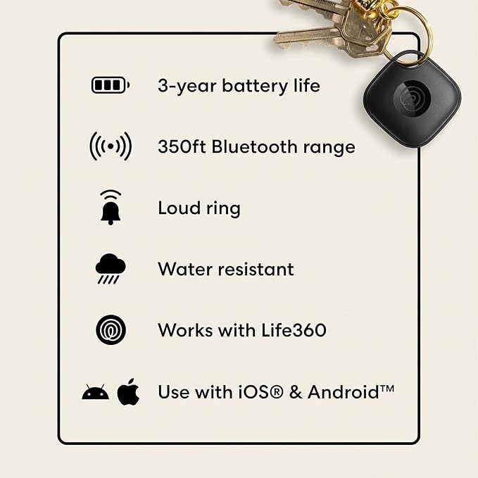 Tile by Life360 Mate Bluetooth Tracker, Keys Finder and Item Locator for Keys, Bags and More. Phone Finder. Both iOS and Android Compatible. 1-Pack (White)