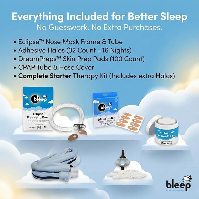 All-in-One CPAP Starter Pack by Bleep - Best CPAP Accessories Kit with Eclipse Mask, Halos, DreamPreps, Hose & Tube - Sleep Apnea Nose Mask for BiPAP Users - Therapy Kit and Supplies for Travel
