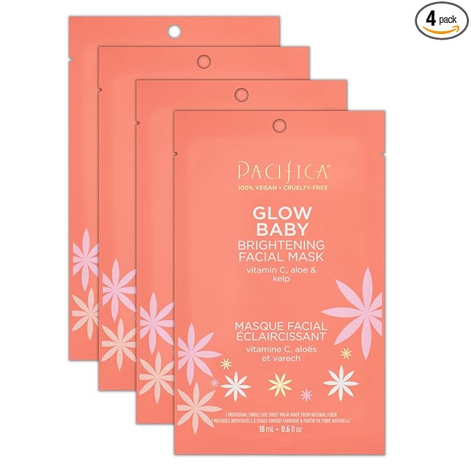 Pacifica Glow Baby Brightening Vitamin C Face Mask 4-Pack – Hydrating Serum-Soaked Sheet Mask for Glowing Skin, Fights Dullness & Dark Spots, Infused with Aloe & Kelp, 100% Vegan & Cruelty-Free