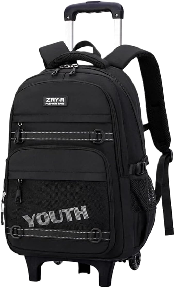 EKUIZAI Kids Rolling Wheeled Backpack for Boys Girls Roller Middle School Backpack with Wheels Rolling Bookbag Trolley Bag for Kids，2 Wheels Black