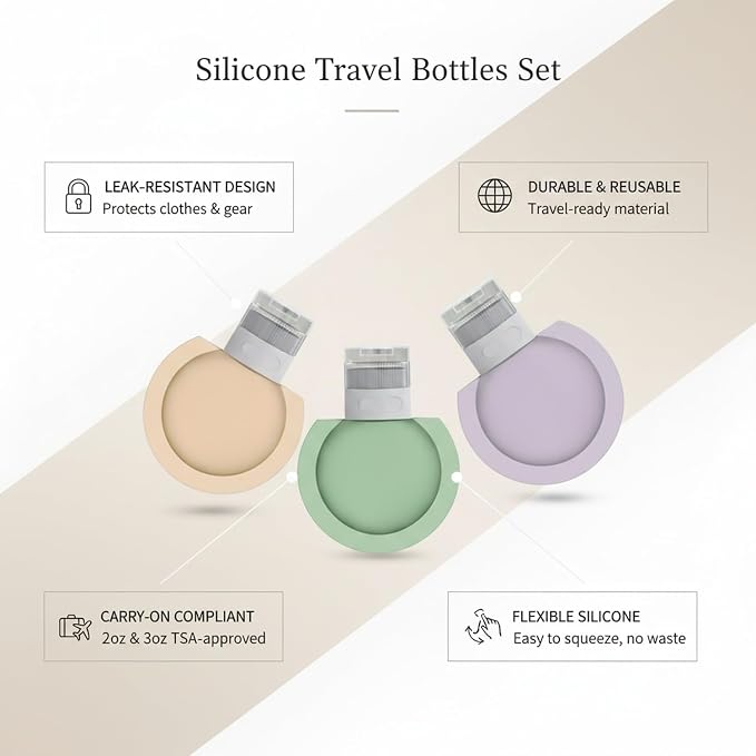 3-Pack Silicone Travel Bottles, Refillable Squeeze Containers for Toiletries, Carry-On Friendly Dispensers with Labels, Beige