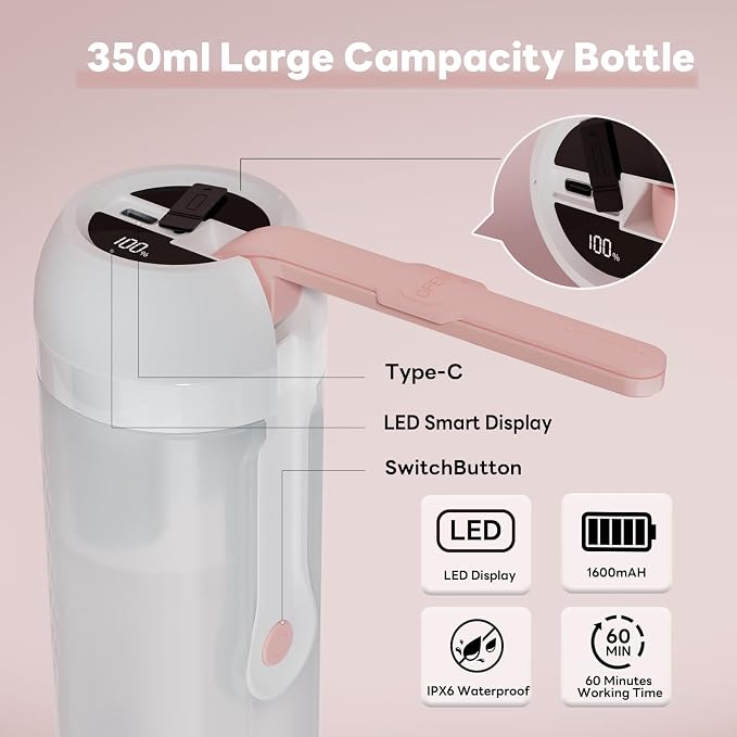 Portable Electric Bidet for Travel with 180° Adjustable Nozzle, Strong Water Pressure- Handheld Rechargeable USB-C Bidet,350ml Waterproof Personal Hygiene Cleaner for Postpartum Women, Camping (Pink)