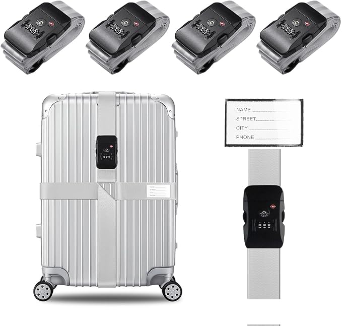 Veki Cross Luggage Straps Set TSA Approved with Lock Adjustable Travel Suitcase Belts Suitcase Tags with Name ID Card Packing Straps for Suitcases Strap Travel Accessories (Silver Gray*4pcs)