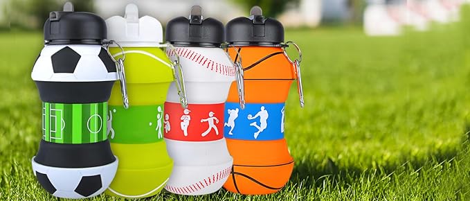 Watermelon Design Silicone Collapsible Water Bottles, Portable Sports Bottle with Carabiner Clip, Leak Proof, BPA Free Sippy Straw 550 ml (Pack of 1) (WATER MELON)