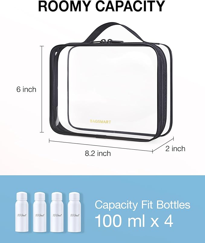 BAGSMART Clear Toiletry Bag, TSA Approved Travel Toiletry Bag Carry On Travel Accessories Bag Airport Airline Quart Size Bags water-resistant Makeup Bag for Women