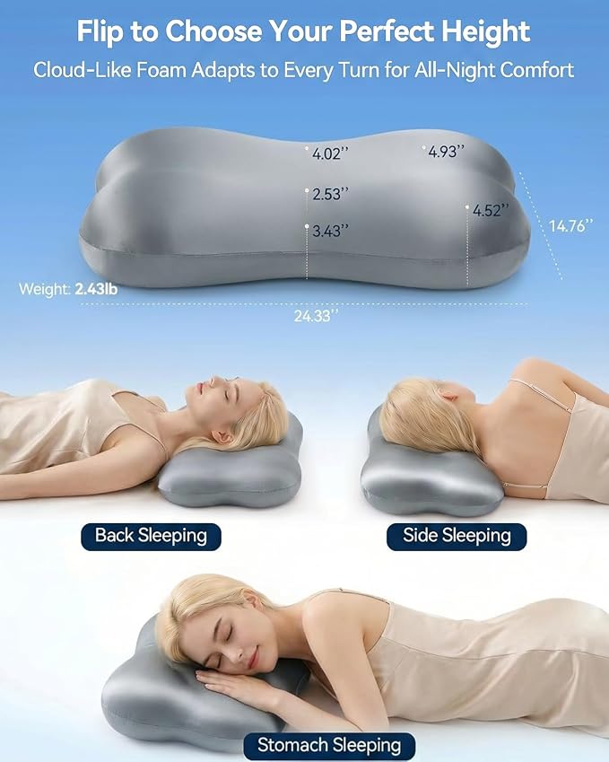 Cervical Pillow for Neck Pain Relief, Ergonomic Contour Memory Foam Pillow for Side Back Stomach Sleepers, Deep Sleep Pillow for Cloud-Soft Shoulder Support with Cooling Pillowcase,Space Grey