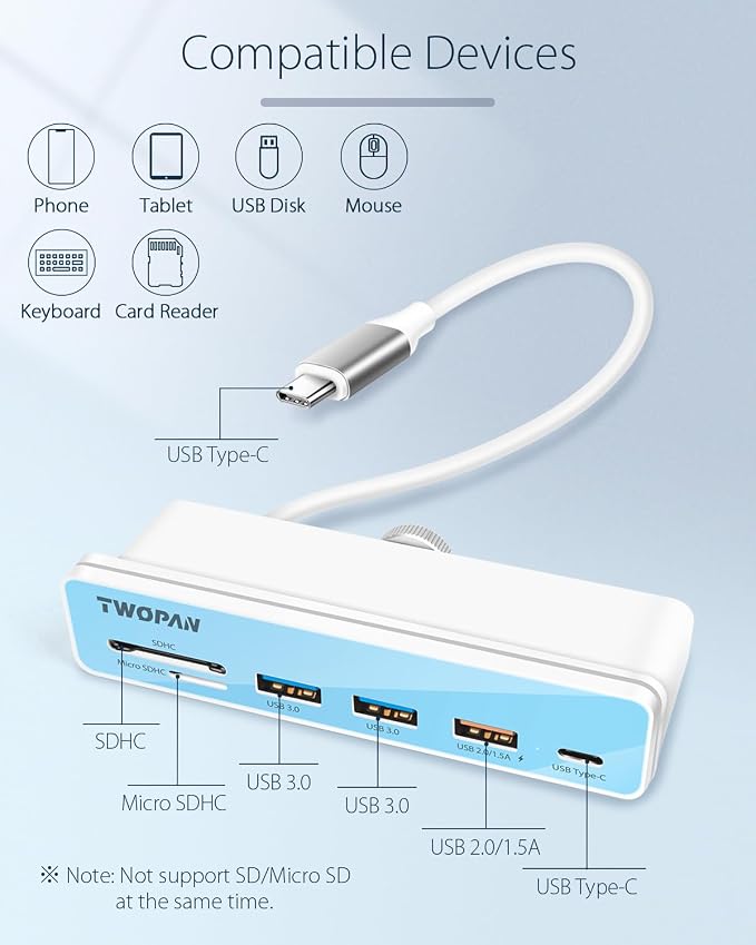 TWOPAN USB C Hub Multiport Adapter for iMac M4/M3/M1, 6 in 1 iMac 2024/2023/2021 USB C Port Hub with USB 3.0 Ports, SD/Micro SD Card Readers & 7 Color Panels
