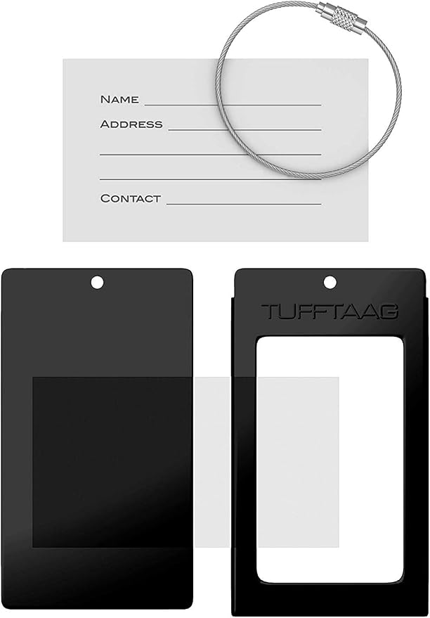 Luggage Tags Business Card Holder by TUFFTAAG - Durable Travel ID Bag Tag, Black Steel, 2 Tags