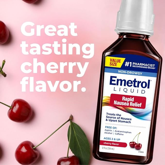 Emetrol Non-Drowsy Nausea Relief - Liquid Medicine for Upset Stomach Relief - Pharmacist Recommended Nausea Medicine - Cherry Flavor - 12 fl oz