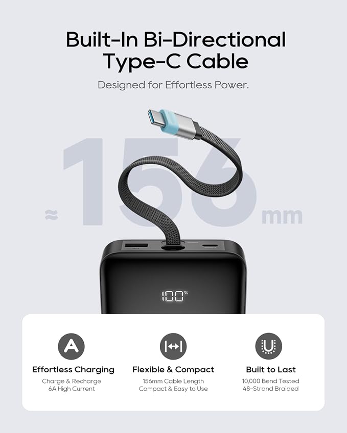 CUKTECH 25,000mAh Power Bank, 100W Max Portable Charger with Built-in USB-C Cable, Fast Charging External Battery Pack for MacBook Pro/Air, iPhone 17/16/15 Series, Samsung, Pixel, Airline Approved