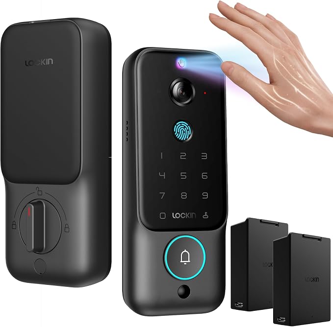 Lockin Venoris Plus - All-in-One Smart Lock for Front Door - Palm Vein & Fingerprint Keyless Entry- 2K 180° Ultra-Wide Camera, Night Vision, Built-In WiFi & 8GB Storage- No Monthly Fee- Dual Batteries