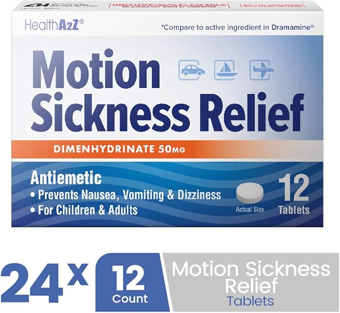 HealthA2Z® Motion Sickness Relief | Dimenhydrinate 50mg | Antiemetic | Prevents Nausea, Vomiting & Dizziness | for Children & Adults | 24 Packs of 12 Tablets Each (288 Tablets Total) | Value Pack