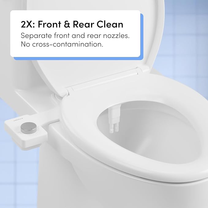 TUSHY NEW Fresh Dual Nozzle Cool Water Bidet: Ultra Slim Toilet Seat Attachment Sprayer with Luxury 2 in 1 Front & Rear, Self-Cleaning, 180º Clean, (DIY Install, 10 Minutes), Matte Silver Knob