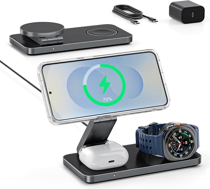 3-in-1 Charging Station for Samsung, Magnetic Fast Wireless Charger Stand Compatible with MagSafe for Galaxy S26/S25/S24/S23/Z Fold/Flip 7 Series, Galaxy Watch Ultra/8/7/6/5, Galaxy Buds Pro/4/3/2