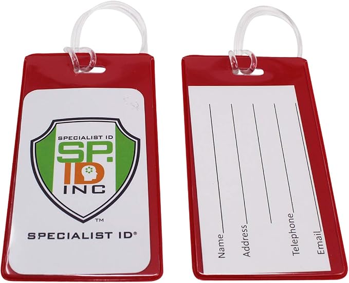 Bulk 25 Pack - Bright Backpack ID Luggage Tags for Student Identification Cards - School Name Badge Holder for Backpacks - Business Card Size with Clear Insert Window by Specialist ID(Red)