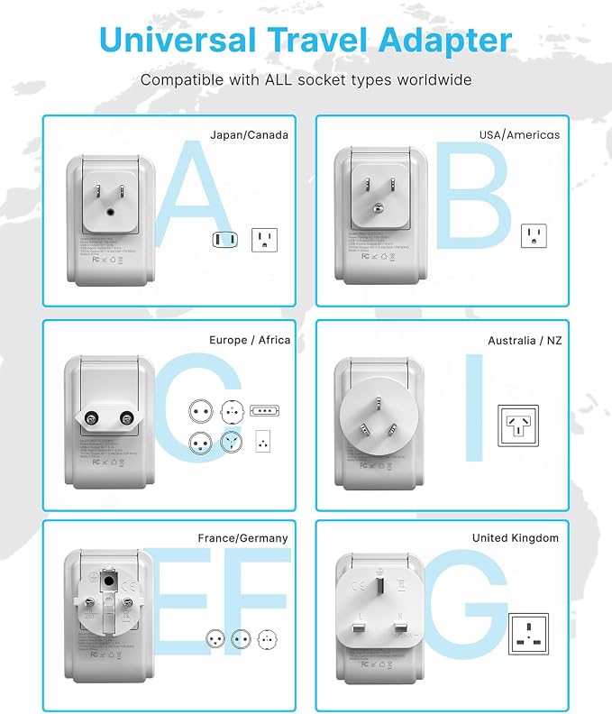 VINTAR Universal Travel Adapter Kit, International Power Adapter with 4 AC & 3 USB Ports(2 USB C), Type A,B,C,E/F,G,I, Swap Adapt Attachments, Travel Adapter Worldwide for Europe/UK/Aus/Japan/Africa
