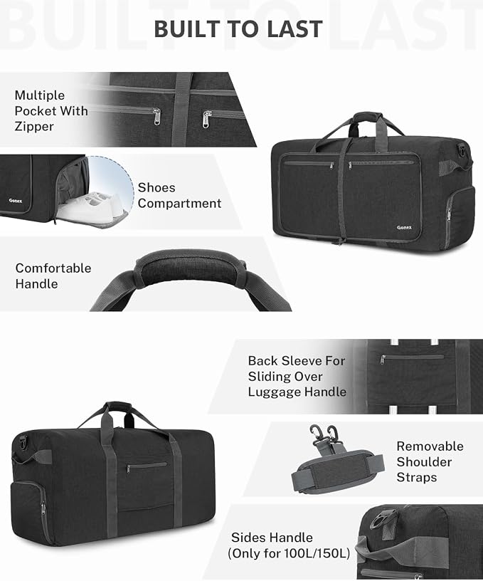 Gonex Large Foldable Travel Duffle Bag with Shoes Compartment, Packable Lightweight Water Repellent Duffel Bag for Camping Gym Weekender Bag