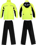 Men's Reflective Rain Gear Motorcycle Rain Suit with Hooded Nylon Waterproof Jacket Pants and Shoe Covers for Cycling and Night Riding