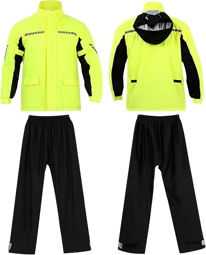 Men's Reflective Rain Gear Motorcycle Rain Suit with Hooded Nylon Waterproof Jacket Pants and Shoe Covers for Cycling and Night Riding