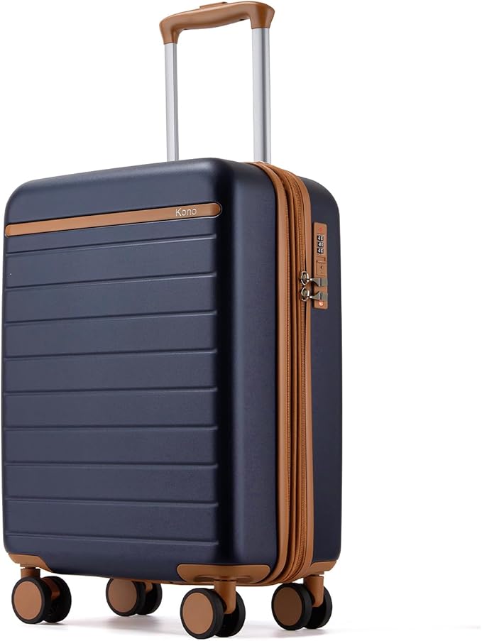 Kono Expandable 20 Inch Carry On Suitcase Airline Approved, Lightweight ABS+PC Hardshell Luggage with 360° Silent Spinner Wheels, Navy/Brown