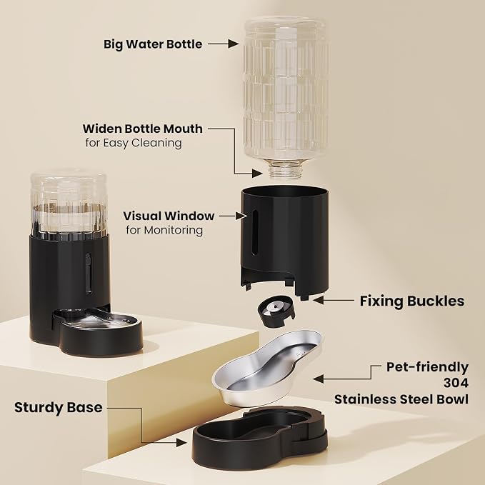 CZPET Dog Water Bowl Dispenser 4L, Wider Mouth & Upgraded Brush for Easy Cleaning Automatic Cat Gravity Refilling Waterer with Removable Stainless Steel Bowl, Large Drinking Area for Multi-Pet (Black)