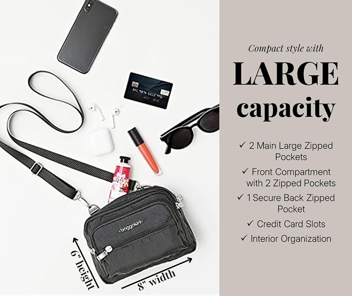 Baggallini Triple Zip Small Crossbody Bag for Women - Lightweight Convertible Fanny Pack Belt Bag