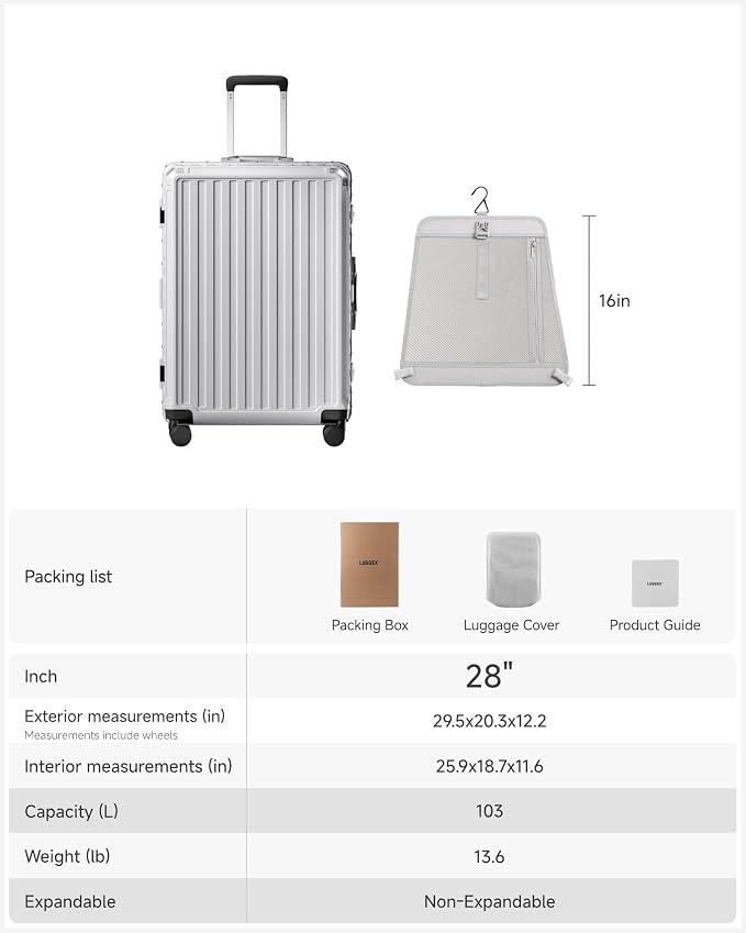 LUGGEX Checked Suitcase with Spinner Wheels, 8010S Aluminum Frame Zipperless Polycarbonate Hard Shell Suitcase (ZX-Core, Silver Grey, 28 Inch)