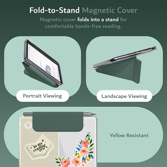 TUDIA M-FLIP Detachable Clear Magnetic Case for Kobo Libra Colour (2024) - [Auto Wake/Sleep] Shockproof Slim Transparent Back Magnetic Fold Cover with Stylus Holder (Dark Green)