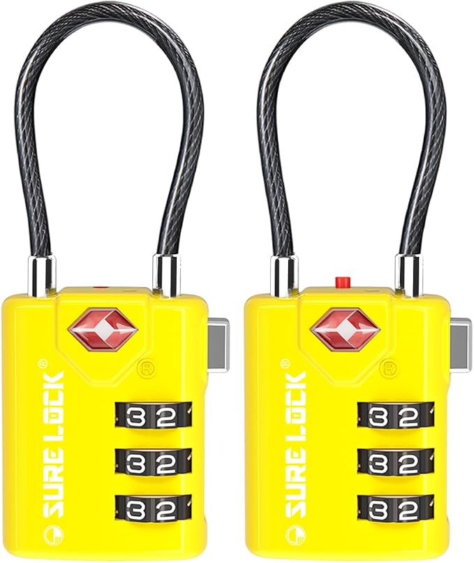 SURE LOCK TSA Approved Luggage Locks with Open Alert Indicator, 3 Digit Combination Cable Travel Lock for Suitcase, Backpack, Gym Locker, Toolbox & Travel Bag(2, Yellow)