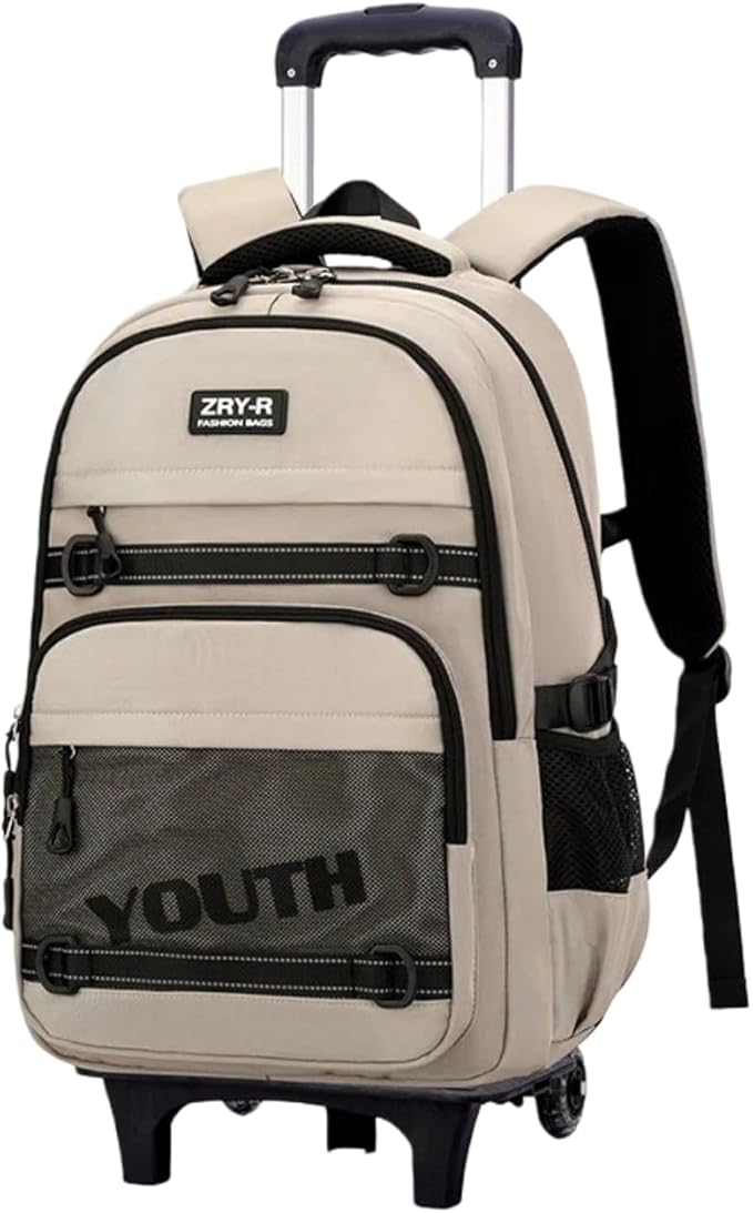 EKUIZAI Kids Rolling Wheeled Backpack for Boys Girls Roller Middle School Backpack with Wheels Rolling Bookbag Trolley Bag for Kids，2 Wheels Khaki
