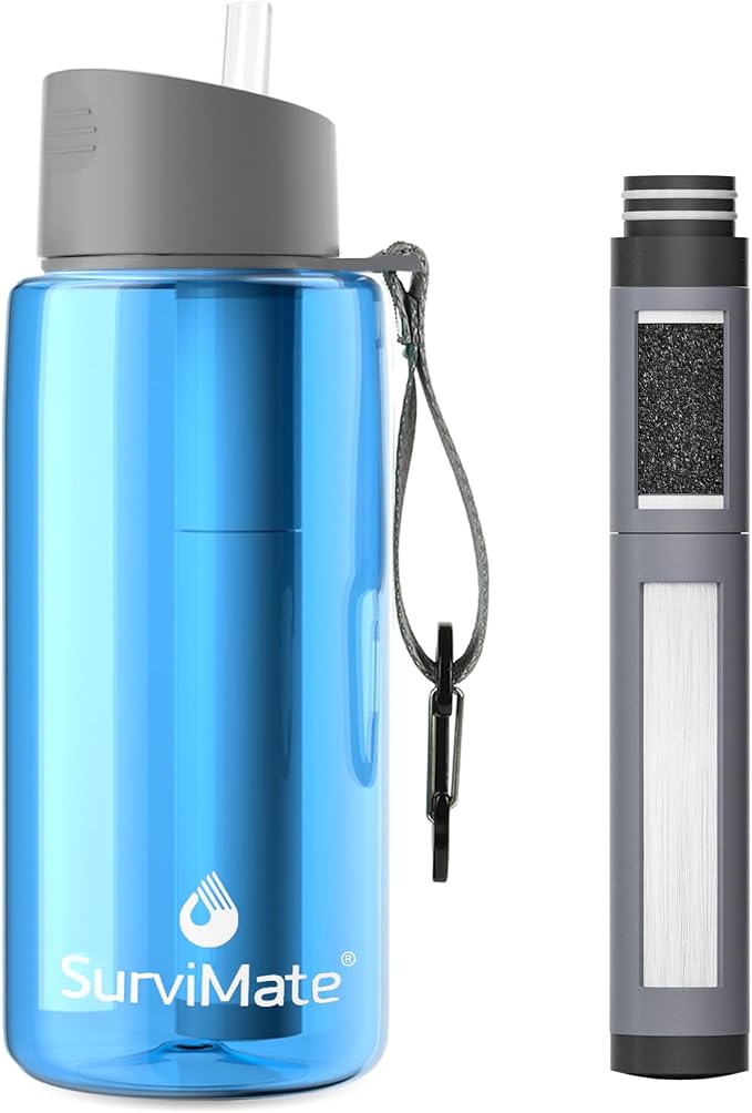 Survimate 5-Stage 0.01μm Ultra-Filtration Filtered Water Bottle, BPA-Free Material, NSF/ANSI 42 Certified, Portable Water Filter Bottle for Survival, Camping, Hiking, and Emergency Use