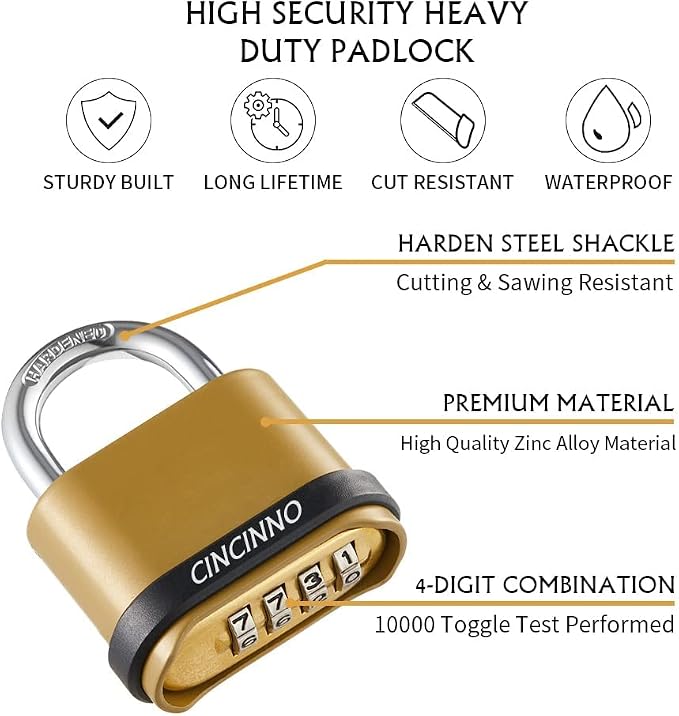 CINCINNO 4 Digit Combination Lock, Outdoor Combination Padlock with Hardened Steel Shackle,Locks with Code for Sheds, Fence, Storage Unit and Gate