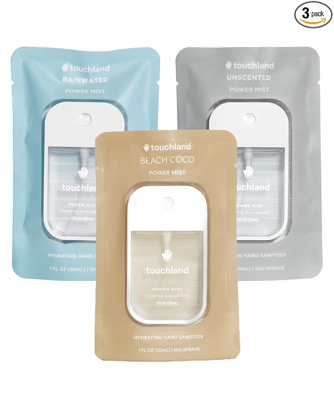 Touchland Hydrating Hand Sanitizer Spray – Dye Free Trio Set (Rainwater, Unscented, Beach Coco) – 3 x 1 FL OZ Mini Travel Size Mists