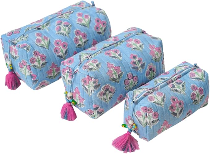 Saffron Marigold Quilted Makeup Bag Set of 3, Hand Block Printed Cotton Cosmetic Bags for Women, Waterproof Lined Travel Toiletry Bag, Coquette Floral Aesthetic, Handmade Gift, Denim Rose