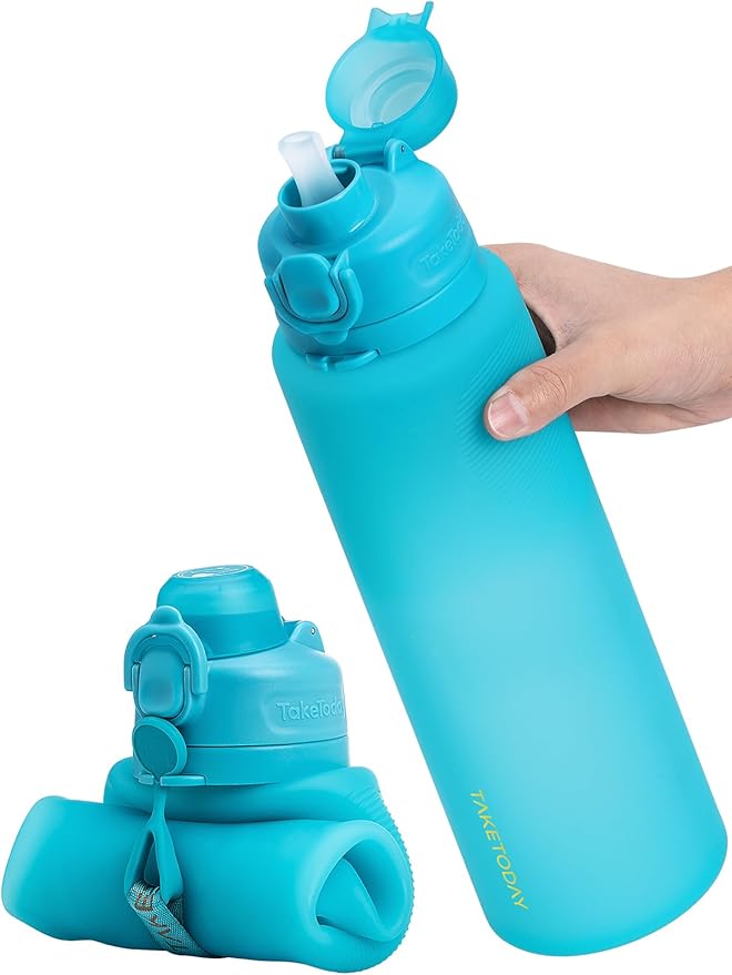 TakeToday Newly Upgraded Collapsible Water Bottles 32oz and 20oz, Compact Foldable Travel Bottle, TSA-Approved Leakproof Silicone Water Bottle for Hiking, Travel, Outdoors, Black