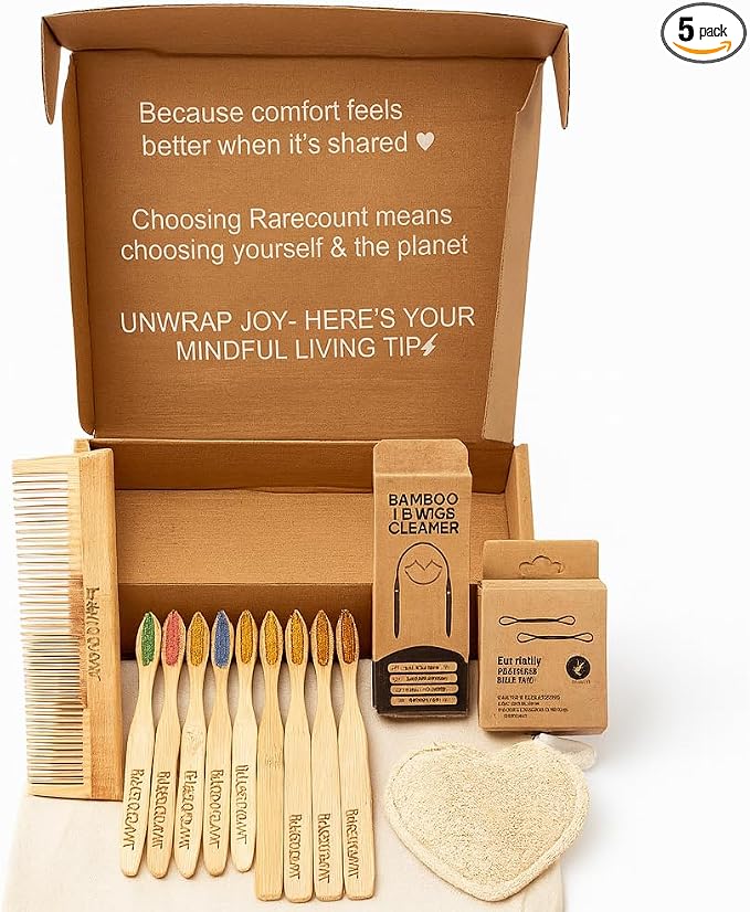 Eco Friendly Bathroom Accessories Set - Bamboo Toothbrush, Tongue Cleaner, Bath Loofah, Bamboo Cotton Buds & Wooden Comb, Zero Waste Sustainable Hygiene Kit