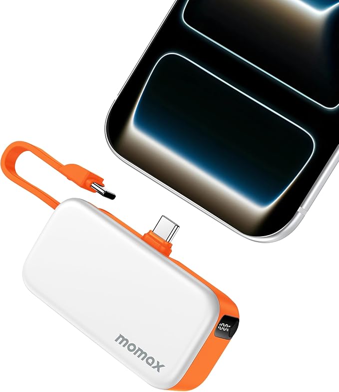 MOMAX Portable Charger, 5000mAh Small Power Bank PD 20W Fast Charging Battery Pack with 3 USB-C, LED Battery Display, Smart Temperature Control for iPhone 17 16 15 Pro Max(Orange)