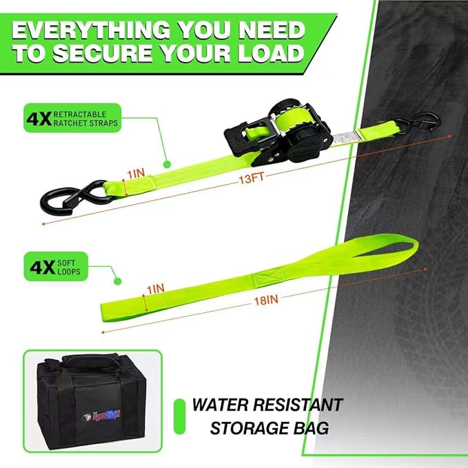Retractable Ratchet Straps 1" x 13Ft, Heavy Duty Self Retracting Tie Down Straps, 1800lb Break Strength Auto Retract Cargo Straps for Truck, Trailer, Motorcycle, ATV, UTV, (Fluorescent Green, 4 Pack)