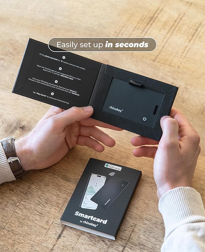 Rhinokey® Apple MFi Certified Wallet Tracker Card Works with Apple Find My (iOS Only) Slim 0.07in Rechargeable IP68 Waterproof Tracker Item Finder Credit Card Tracker with Keychain Hole for Luggage