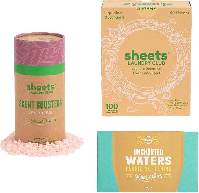 Sheets Laundry Club Bundle - 4 Pack Fresh Linen Detergent Sheets, 3 Pack Uncharted Waters Dryer Sheets & 4 Pack Sea Breeze Scent Booster - New Liquidless Technology