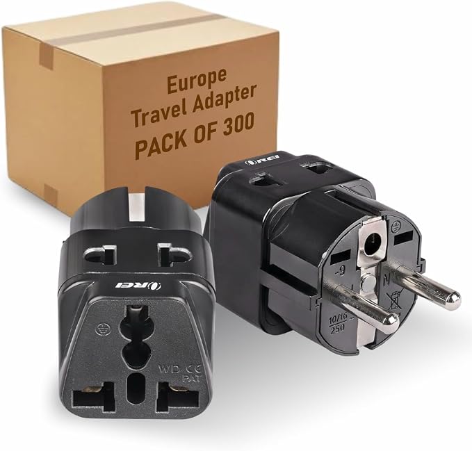 OREI Germany & France Travel Adapter – Type E/F European Plug Adapter, 2-in-1 Outlet, Compact EU Travel Adapter for Germany, France, Spain & Portugal - Black, 300 Pack