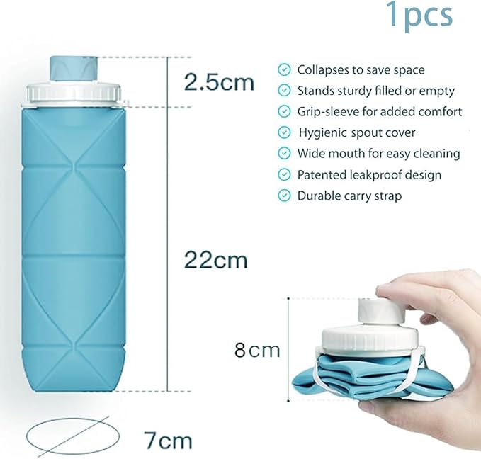 Folding Silicone Water Bottle Sports Water Bottle Outdoor Travel Portable Water Cup Running Riding Camping Hiking Kettle - 600 Ml - Blue