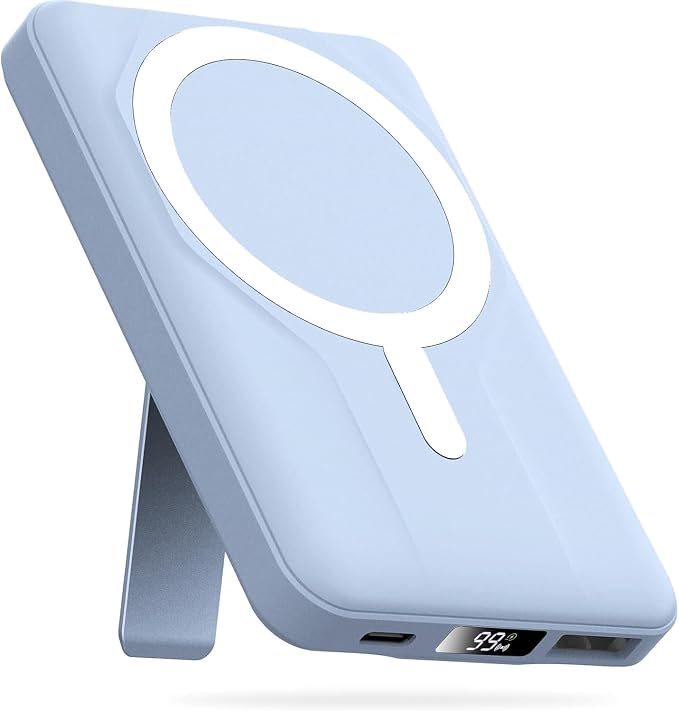 Azmuth Magnetic Power Bank,10000mAh for MagSafe Battery Pack, 22.5W PD Fast Charging,LED Display & Foldable Stand Wireless Portable Charger for iPhone 17/16/15/14/13/12/Pro/Pro Max/Plus,Light Blue
