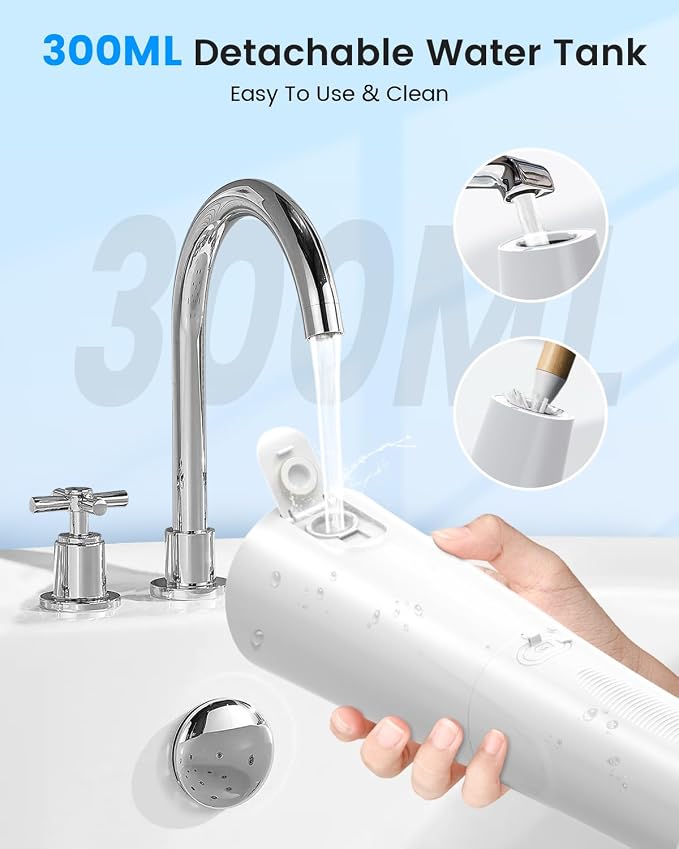 VIMMK Water Flosser, Cordless Water Dental Flosser, 9 Jet Tips 5 Modes 300ML IPX7 Waterproof, Portable Rechargeable Oral Irrigator for Home Travel - Gums, Orthodontic, Braces Care (White)