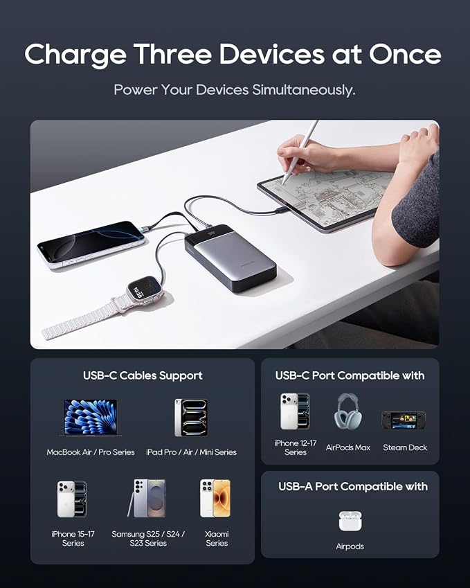 CUKTECH 25,000mAh Power Bank, 100W Max Portable Charger with Built-in USB-C Cable, Fast Charging External Battery Pack for MacBook Pro/Air, iPhone 17/16/15 Series, Samsung, Pixel, Airline Approved