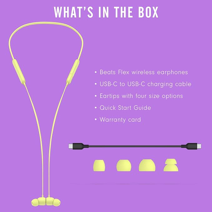 Beats Flex Wireless Earbuds - Apple W1 Headphone Chip, Magnetic Earphones, Class 1 Bluetooth, 12 Hours of Listening Time, Built-in Microphone - Yuzu Yellow