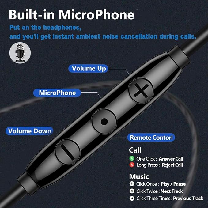 USB C Wired Headphones with Noise-Canceling Mic,Dual-Driver Noise-Isolating Wired Earbuds with Call Noise Reduction,Type C Plug Deep Bass In ear Earphones with DAC,Powerful Bass and HD Sound (Black)