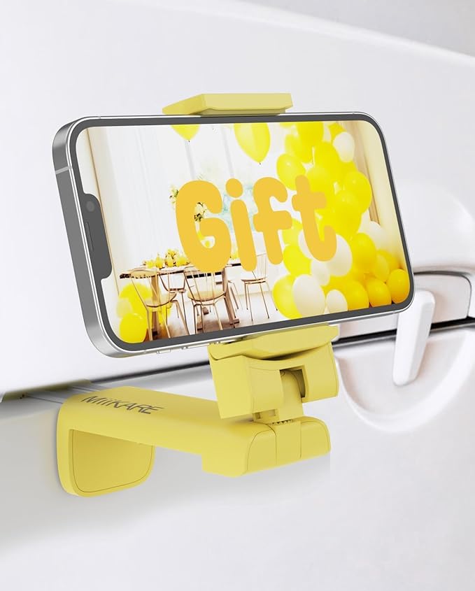 MiiKARE Airplane Travel Essentials Phone Holder, Universal Handsfree Phone Mount for Flying with 360 Degree Rotation, Accessory for Airplane, Travel Must Haves Phone Stand for Desk, Tray Table, Yellow