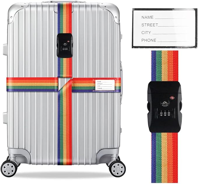 Veki Cross Luggage Straps Set TSA Approved with Lock Adjustable Travel Suitcase Belts Suitcase Tags with Name ID Card Packing Straps for Suitcases Strap Travel Accessories (Multicolor)